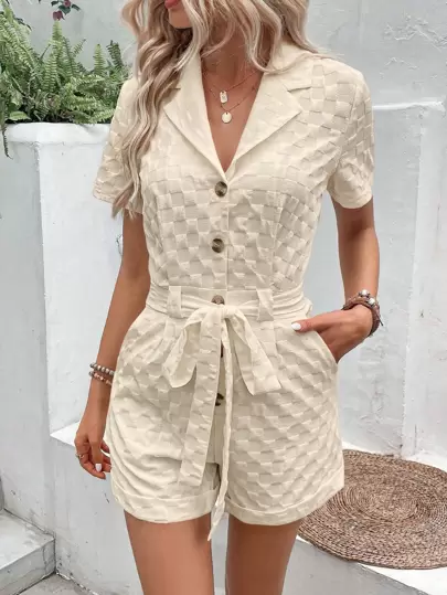Breezaya 素色前紐扣腰帶襯衫連體短褲