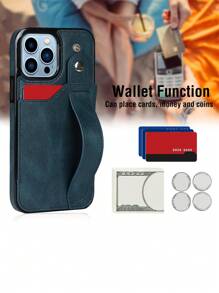 PU Card Slot Phone Case With Wrist Strap - Blue - View 5