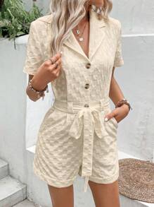Breezaya Solid Button Front Belted Shirt Romper - Apricot - View 5