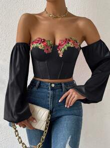 Chiquease Áo nữ Đề can Hội Chữ thập Thêu Buộc lại Hoa Gợi cảm - màu đen - Xem 1