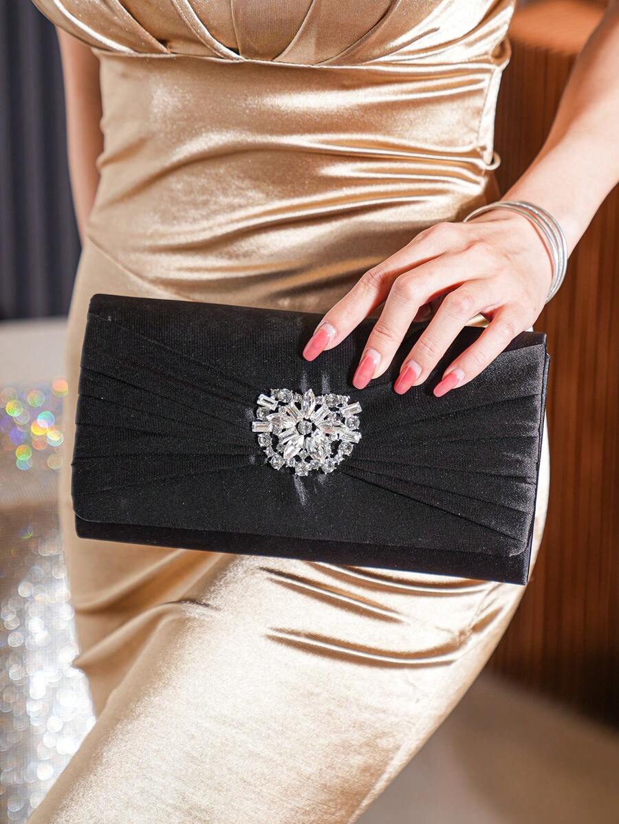 Rhinestone Decor Satin Square Bag Glamorous - Black - View 1
