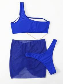 Bộ Bikini Nữ Chuỗi Dây kéo Xù màu trơn - Xanh đậm - Xem 2