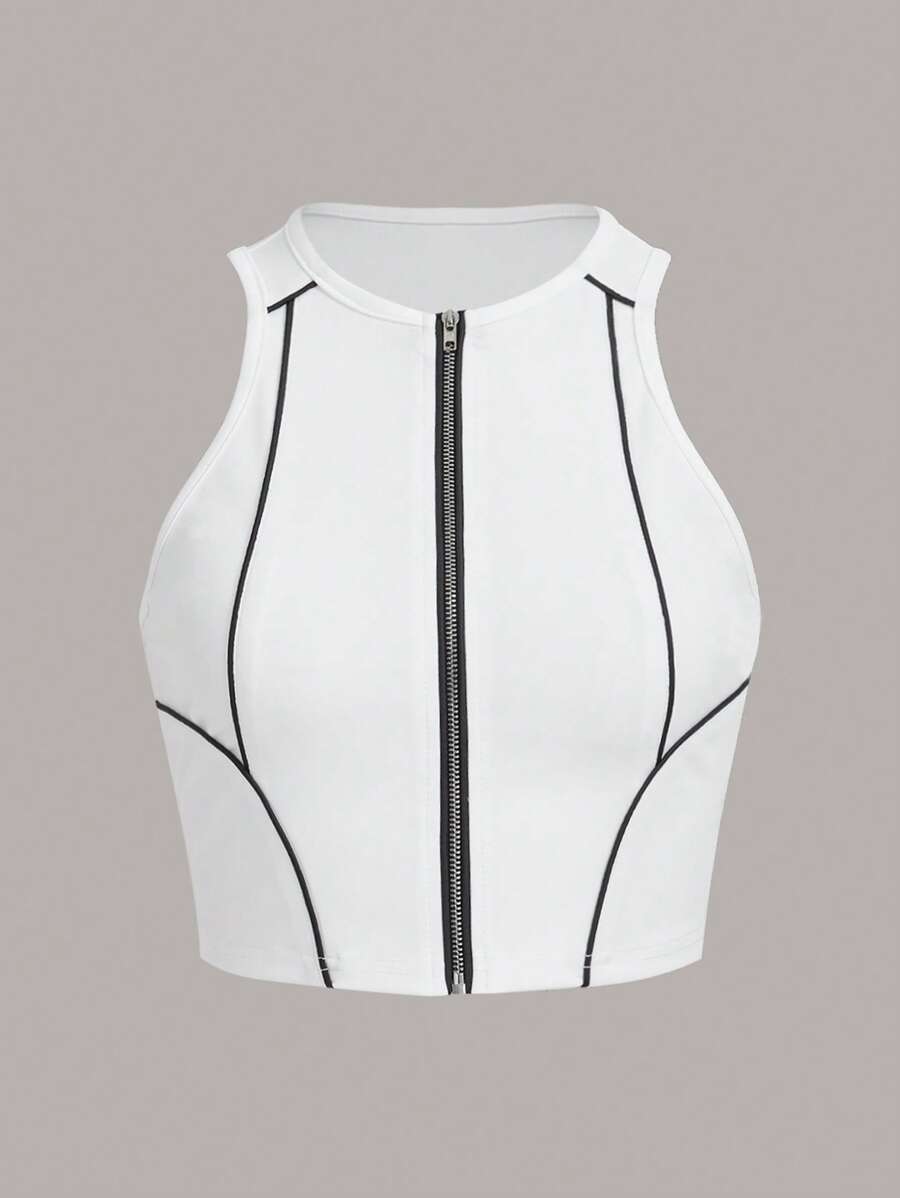 SHEIN ICON Contrast Binding Zip Up Tank Top - White - View 1