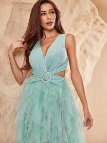 水鑽細節網紗覆蓋連衣裙 - 薄荷綠 - 查看 4