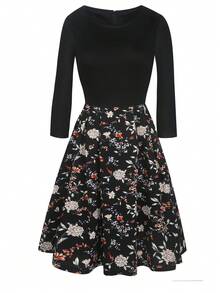 Floral Print A-line Dress - Black - View 5
