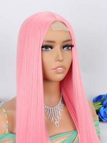 合成耐熱 U 形蕾絲假髮 4*1 超長直中部分 32 英寸漸變日常用於女式女孩自然外觀優質合成柔軟初學者友好假髮 - 粉色 - 查看 5