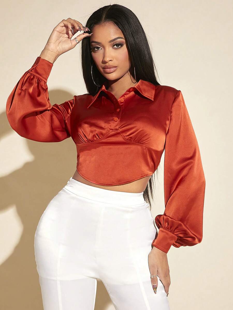 SHEIN SXY 燈籠袖短款緞面襯衫