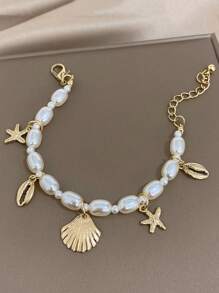 Shell & Starfish Charm Faux Pearl Decor Bracelet - Gold - View 1