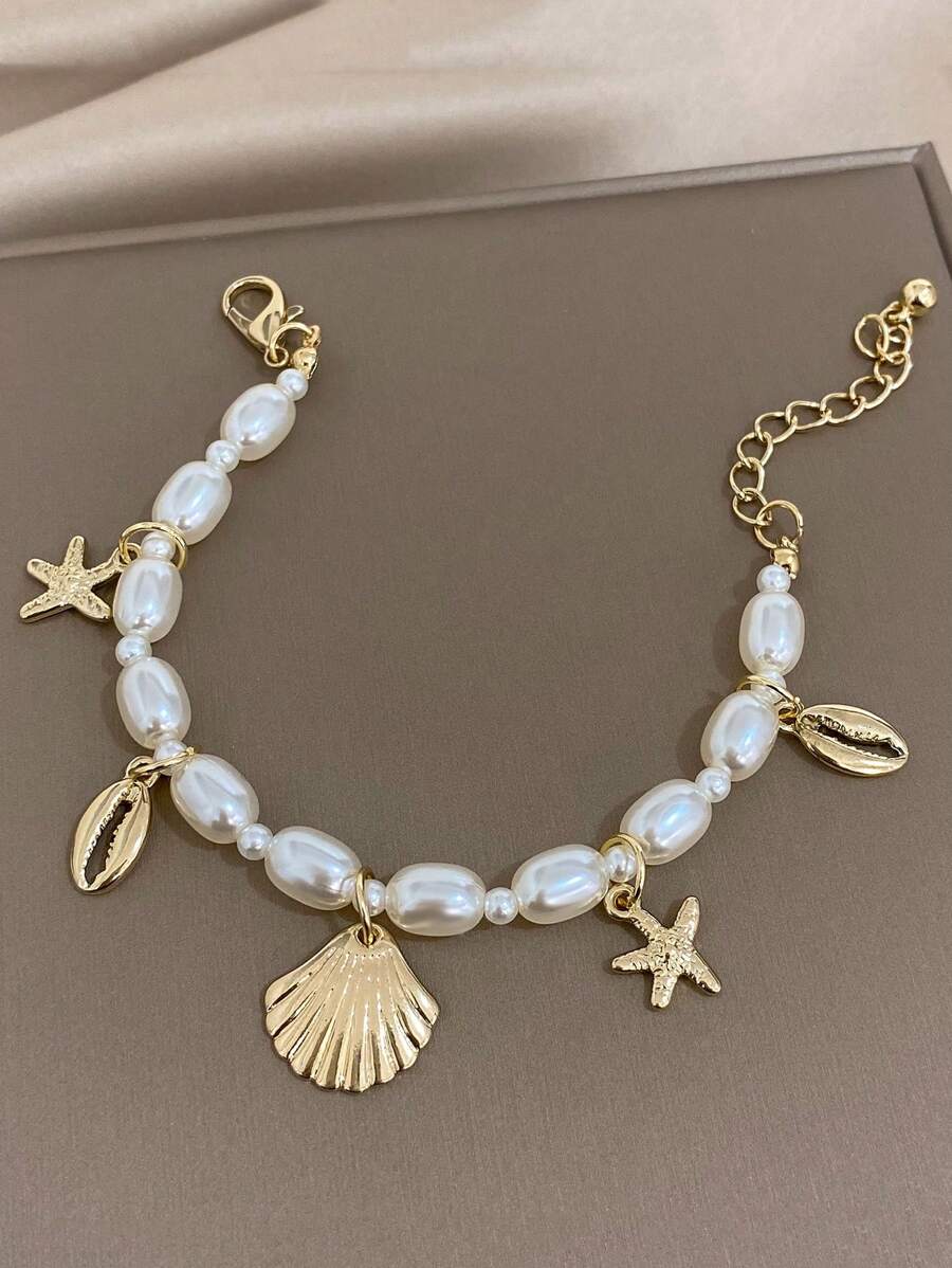 Shell & Starfish Charm Faux Pearl Decor Bracelet - Gold - View 1