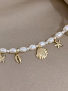 Shell & Starfish Charm Faux Pearl Decor Bracelet - Gold - View 3