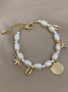 Shell & Starfish Charm Faux Pearl Decor Bracelet - Gold - View 6