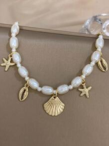 Shell & Starfish Charm Faux Pearl Decor Bracelet - Gold - View 7
