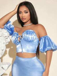 SHEIN SXY Off Shoulder Knot Front Ruched Bustier Crop Top - Baby Blue - View 1