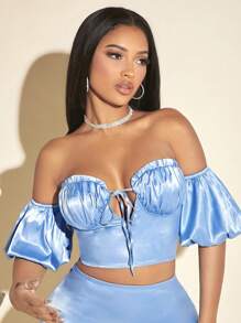 SHEIN SXY Off Shoulder Knot Front Ruched Bustier Crop Top - Baby Blue - View 3