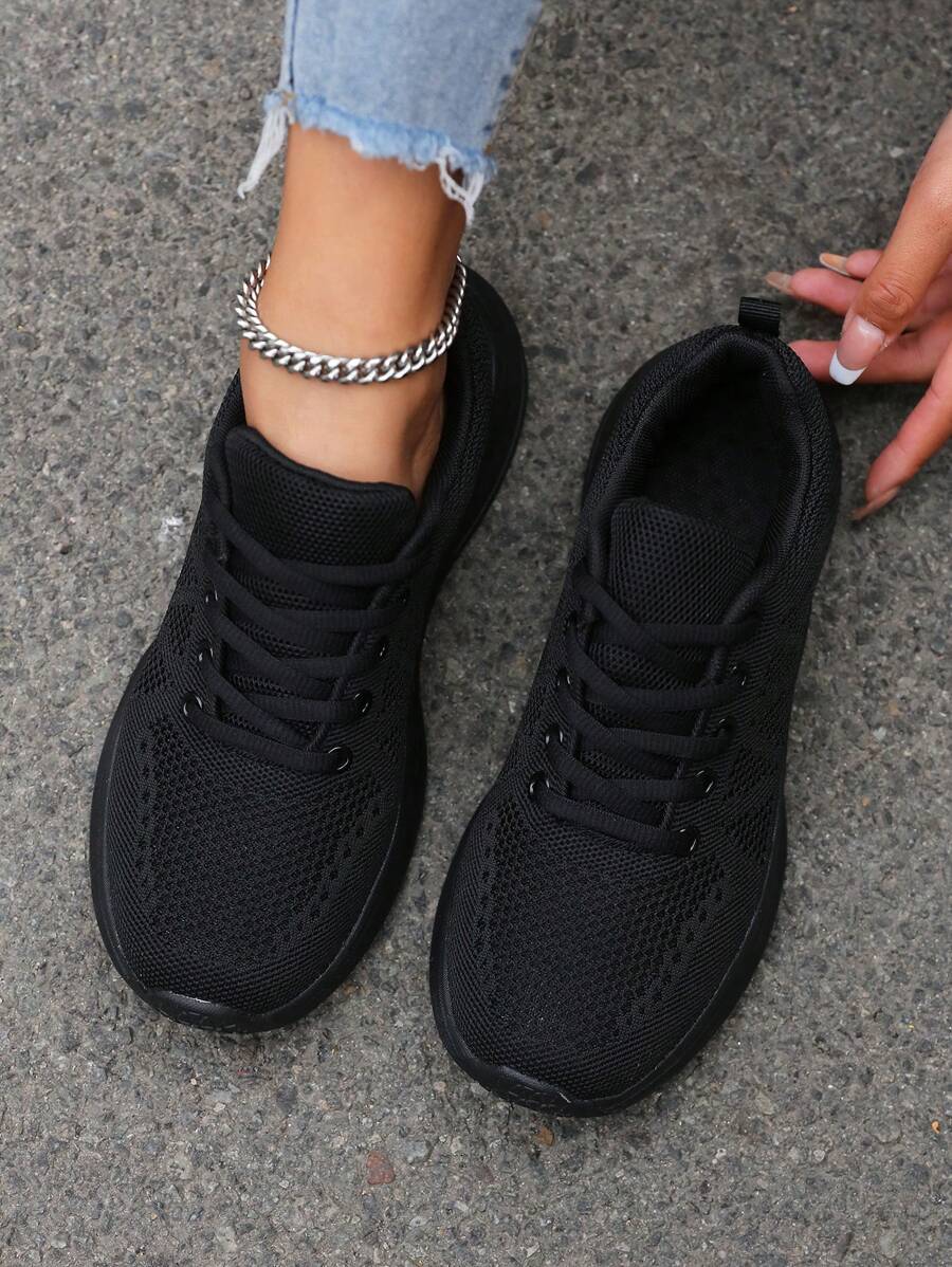 女性極簡風格織物前綁帶運動運動鞋黑色 - 黑色 - 查看 1