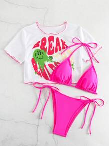 Summer Beach Solid Triangle Tie Side Bikini Set With Cartoon Graphic Cover Up - Pink - View 1