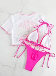 Summer Beach Solid Triangle Tie Side Bikini Set With Cartoon Graphic Cover Up - Pink - View 2