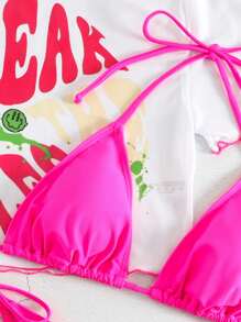 Summer Beach Solid Triangle Tie Side Bikini Set With Cartoon Graphic Cover Up - Pink - View 4