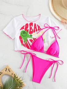 Summer Beach Solid Triangle Tie Side Bikini Set With Cartoon Graphic Cover Up - Pink - View 5