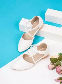 女孩防滑交叉尖頭極簡風格白色踝帶平底鞋 - 白色 - 查看 1