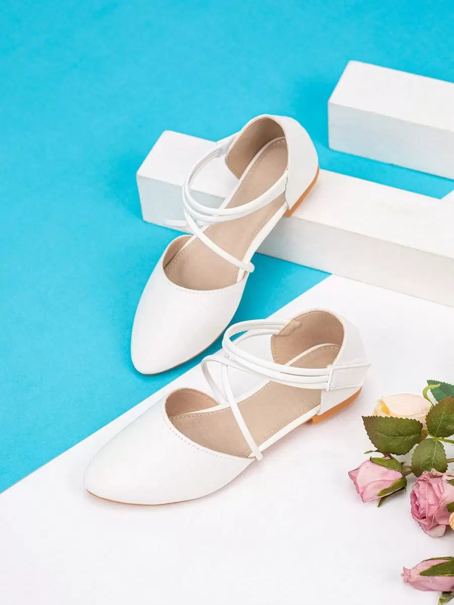 女孩防滑交叉尖頭極簡風格白色踝帶平底鞋 - 白色 - 查看 1