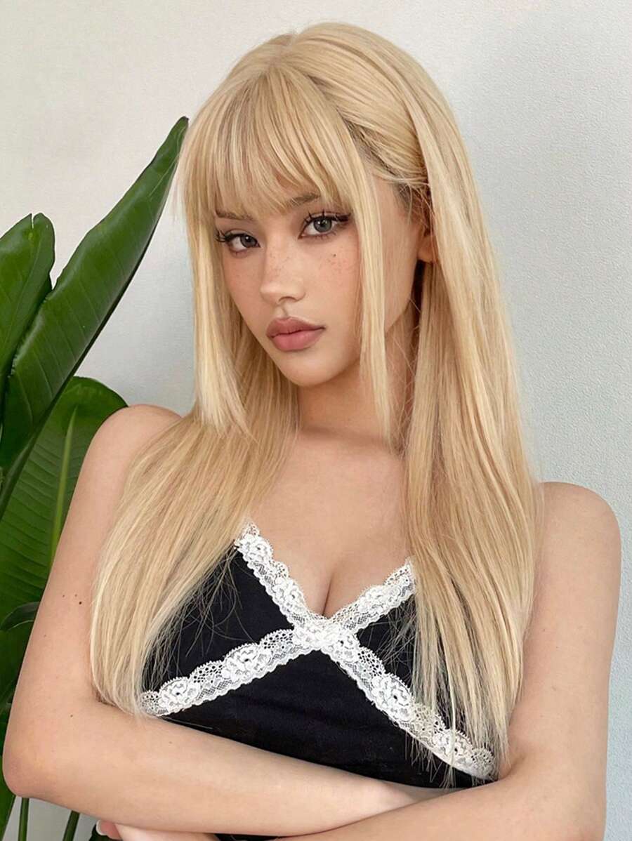 Blonde Long Straight Synthetic Heat Resistant Wigs Blonde Wig With Bangs For Women Hair Wigs For Cosplay Party