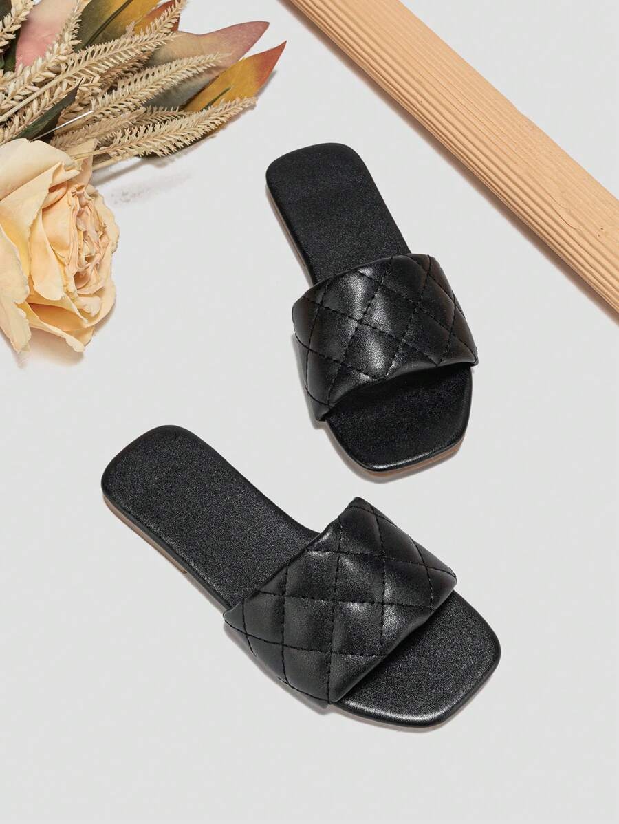 Fille Matelassé Détail Pantoufles , Minimaliste Noir Pantoufles À Bande Unique - Noir - Voir 1