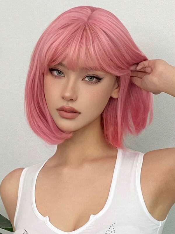 Short Straight Pink Wig With Bangs 14 inch Synthetic Wigs for Women