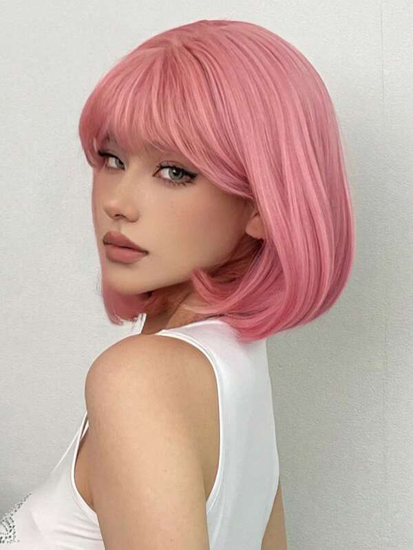 Short Straight Pink Wig With Bangs 14 inch Synthetic Wigs for Women