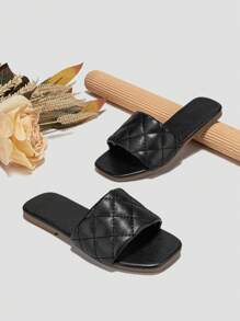 Fille Matelassé Détail Pantoufles , Minimaliste Noir Pantoufles À Bande Unique - Noir - Voir 3