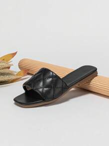 Fille Matelassé Détail Pantoufles , Minimaliste Noir Pantoufles À Bande Unique - Noir - Voir 4