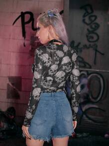 ROMWE Grunge Punk Skull Print Mesh Top - Black - View 2