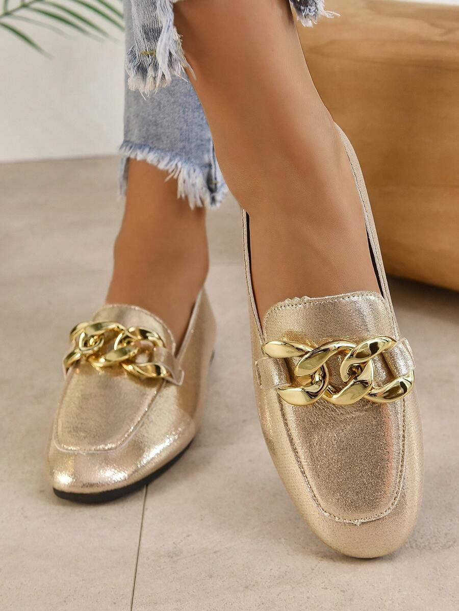 Women Metallic Chain Decor Loafers, Square Toe Glamorous Flats Gold - Gold - View 1