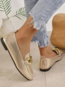 Women Metallic Chain Decor Loafers, Square Toe Glamorous Flats Gold - Gold - View 2