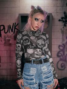 ROMWE Grunge Punk Skull Print Mesh Top - Black - View 4