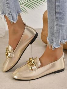 Women Metallic Chain Decor Loafers, Square Toe Glamorous Flats Gold - Gold - View 4