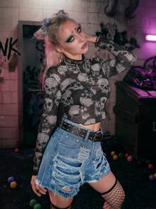 ROMWE Grunge Punk Skull Print Mesh Top - Black - View 5
