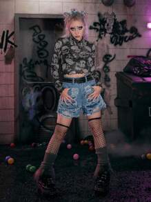 ROMWE Grunge Punk Skull Print Mesh Top - Black - View 6