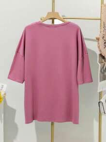 Mulvari 大碼標語圖案落肩袖下擺開叉T恤和緊身褲 - 淡紫色 - 查看 2