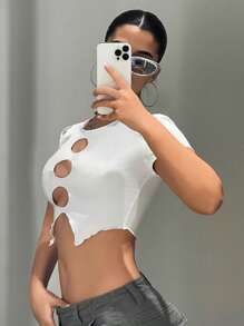 SHEIN ICON 鏤空不對稱下擺短款T恤 - 白色 - 查看 5
