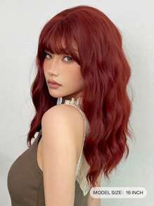 Red Brown Medium Body Wave Synthetic Wig With Bangs Red Curcly Hair For Women Daily Heat Resistant Wigs