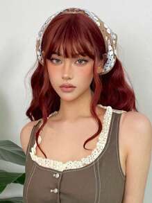 Red Brown Medium Body Wave Synthetic Wig With Bangs Red Curcly Hair For Women Daily Heat Resistant Wigs