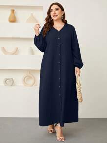 Mulvari Vestido largo con botones y mangas farol en talla grande, vestimenta modesta para mujeres - Azul Marino - Ver 1