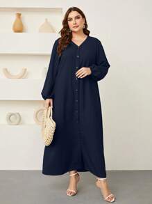 Mulvari Vestido largo con botones y mangas farol en talla grande, vestimenta modesta para mujeres - Azul Marino - Ver 5