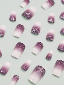 Upgrade Your Look with 24pcs Short Square Gradient Glitter Fake Nail & 1sheet Tape & 1pc Nail File - Multicolor - View 3