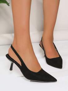 秋冬女士极简主义露跟凉鞋，仿麂皮细高跟优雅高跟鞋，黑色，优雅，猫跟，派对鞋 - 黑色 - 查看 3