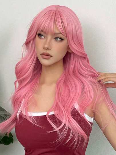 1 parrucca sintetica riccio lungo 24 pollici con frangia di colore rosa per le donne, ideale per uso quotidiano, cosplay e feste
