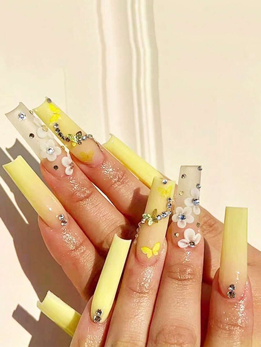 24 cái Long Coffin 3D Rhinestone Decor Fake Nail & 1 sheet Tape & 1pc Nail Dũa - Nhiều màu - Xem 1
