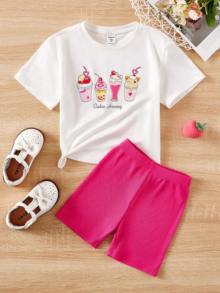 SHEIN T-shirt graphique pour jeune fille avec dessin animé et lettre et short - Multicolore - Voir 1