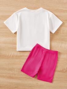 SHEIN Cô Gái Trẻ Cartoon & Đồ họa chữ cái Áo thun & quần đùi - Nhiều màu - Xem 2